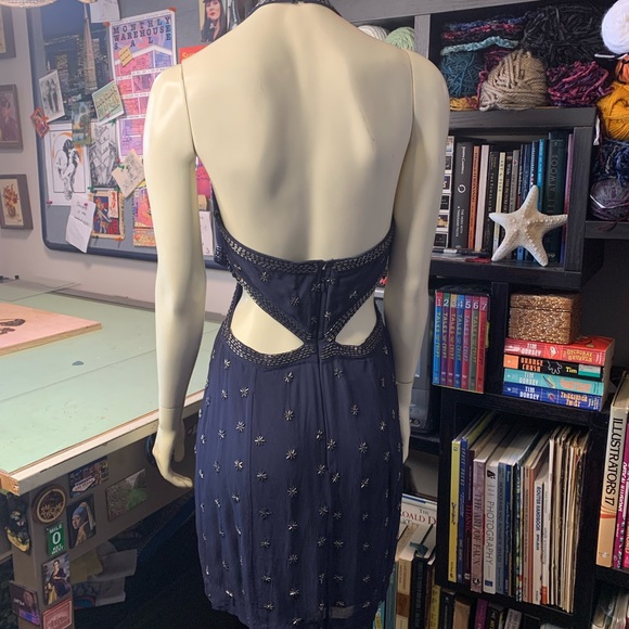 Free People Navy Blue Beaded Cutout Mini Club Dress - Picture 3 of 13